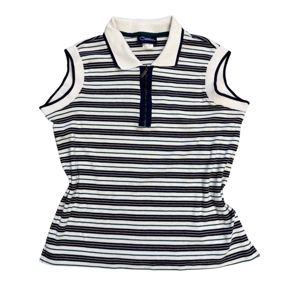 Vintage Medium Sleeveless Striped Polo Shirt Navy Green Preppy tennis golf